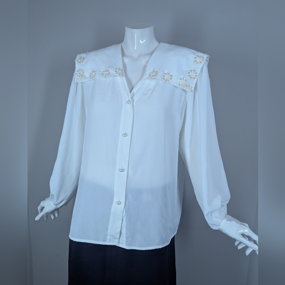 Vintage White Blouse with Sailor Collar | Sequin Floral Trim Shoulder Pads - Picture 3 of 8